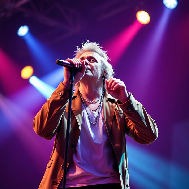 Afbeelding van een pop zangeres die een microfoon vasthoudt tijdens een live optreden.