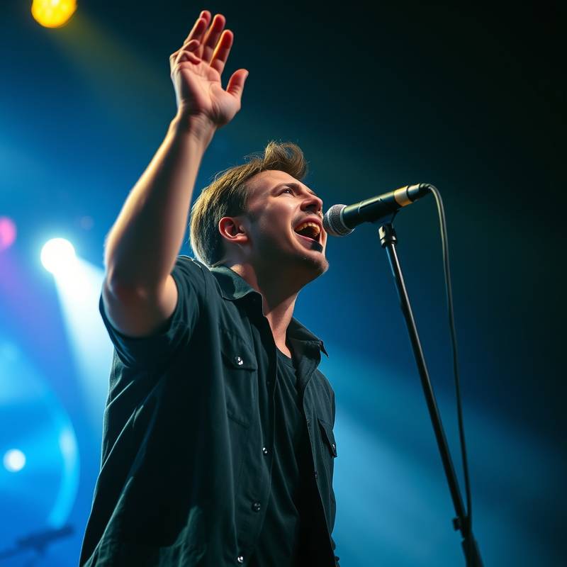 Afbeelding van een zanger die met passie een nummer zingt op een podium met lichteffecten.
