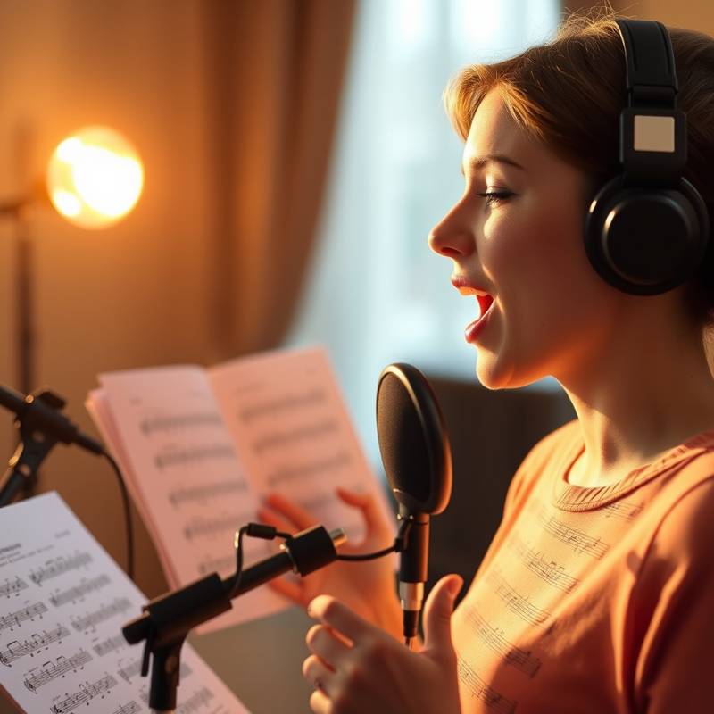 Afbeelding van een zangles voor beginners met een microfoon en bladmuziek.