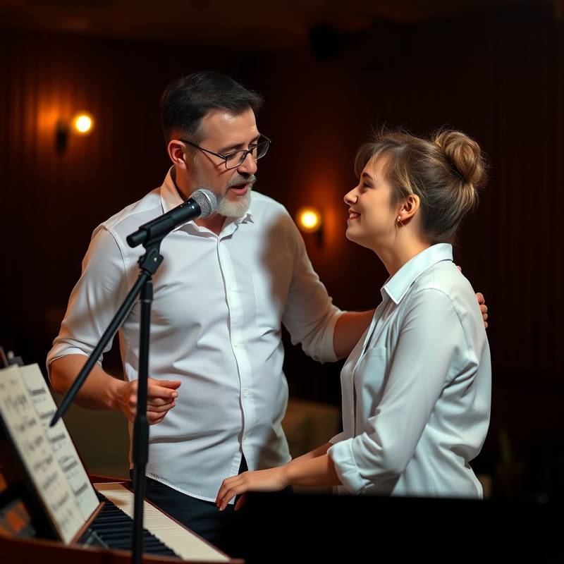 Afbeelding van een zangles voor gevorderden, met een docent die een leerling begeleidt achter de piano.