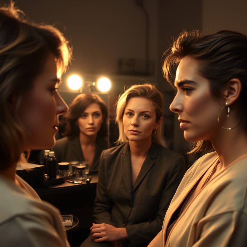 Foto van acteurs die samen in de make-up kamer zitten.